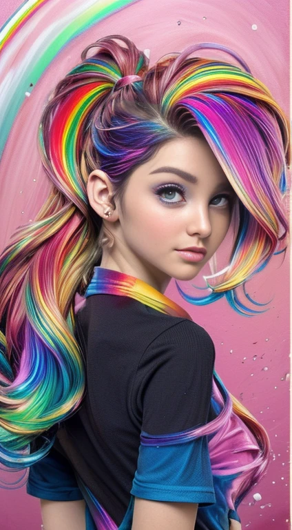 Foto de Jennifer Esposito,fotorrealista,(Camiseta Rosa Moda: 1.9),(Cor do Cabelo: 1.8), (all colors of the rainbow: 1.8),((((pintura vertical:1.6))), (pintura: 1.6),testa, Comics, Illustrations, Tintas, olhos grandes, olhos de cristal,( high ponytail rainbow color gradient:1.7), maquiagem requintada, boca fechada,(Pequeno fresco: 1.5),(Peito limpo: 1.5),(Peito limpo: 1.5) 1.6), longeyelashes, camiseta branca off-shoulder, camisa branca do ombro, looking at the audience, grandes olhos lacrimejantes, (rainbow hair color:1.6), salpicos de cor, (somente: 1.8), respingo de cor, Color explosion, estilo de pintura grossa, messy linerilhante)), (Colouring), (Colouring), (Colouring), Colouring, estilo de pintura grossa, (chapinhar) (salpicos de cor), pintura vertical, parte superior do corpo, Splatter de tinta, Acrylic Pigment, gradiente, pintar, A mais alta qualidade de imagem, very high quality, Masterpiece, floor, profundidade de campo, pintura facial, roupas coloridas, (elegante: 1.2), Beautiful, Cabelos Longos, vento, (elegante: 1.etals: 1.4),((Masterpiece))),((melhor qualidade))),((ultra-detalhado)),(ilustration),(angle dynamic),((Flutuante)),(pintura),((cabelos desgrenhados)),(somente),(1Menina) , (((Rosto anima detalhado))),((Rosto anima detalhado)),(rosto bonito e detalhado )),colar,ombros nus,cabelos brancos, ((Cabelos Coloridos)),((cabelo listrado)),(olhos detalhados bonitos,(gradient color eyes),((Eye Colorationackground Coloring ))),(high saturated))),((surrounded by splashes Colorings))),(arched back, Appearance from behind:1.7)