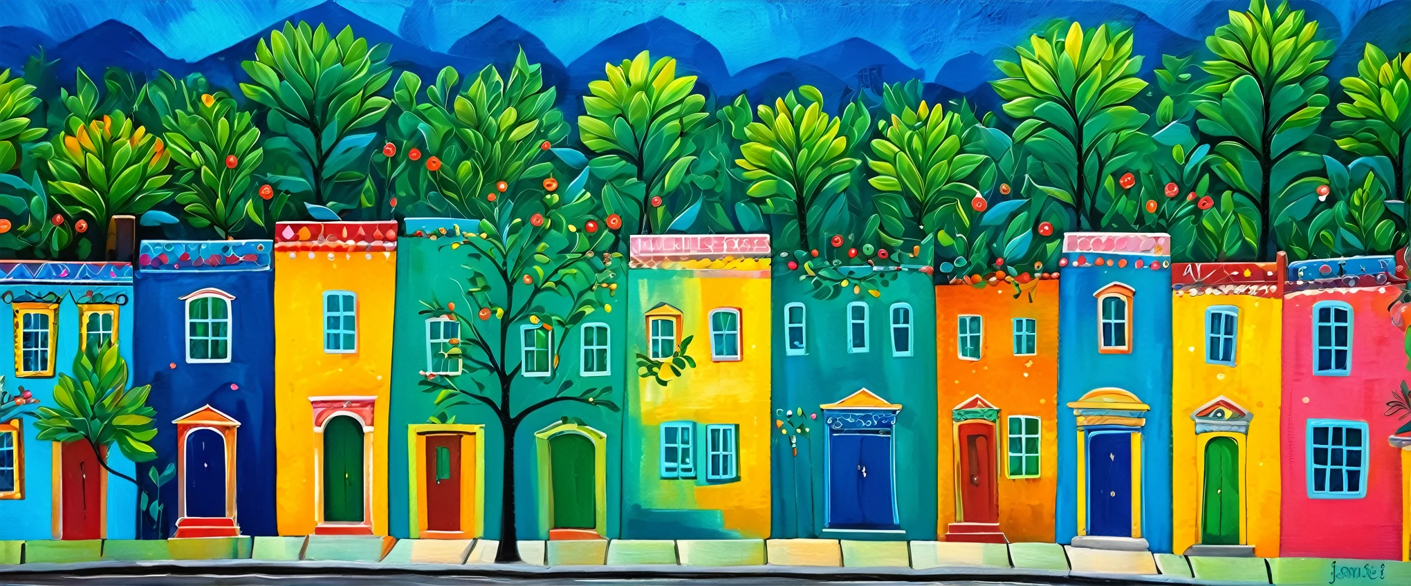 city street lined with buildings and houses, vibrant colors, handpainted details, greens and blues, simple design, colorful illustration, whimsical folk art, naive, oil painting, in the style of Jeanne du Maurier, in the style of Frida Kahlo,Xill