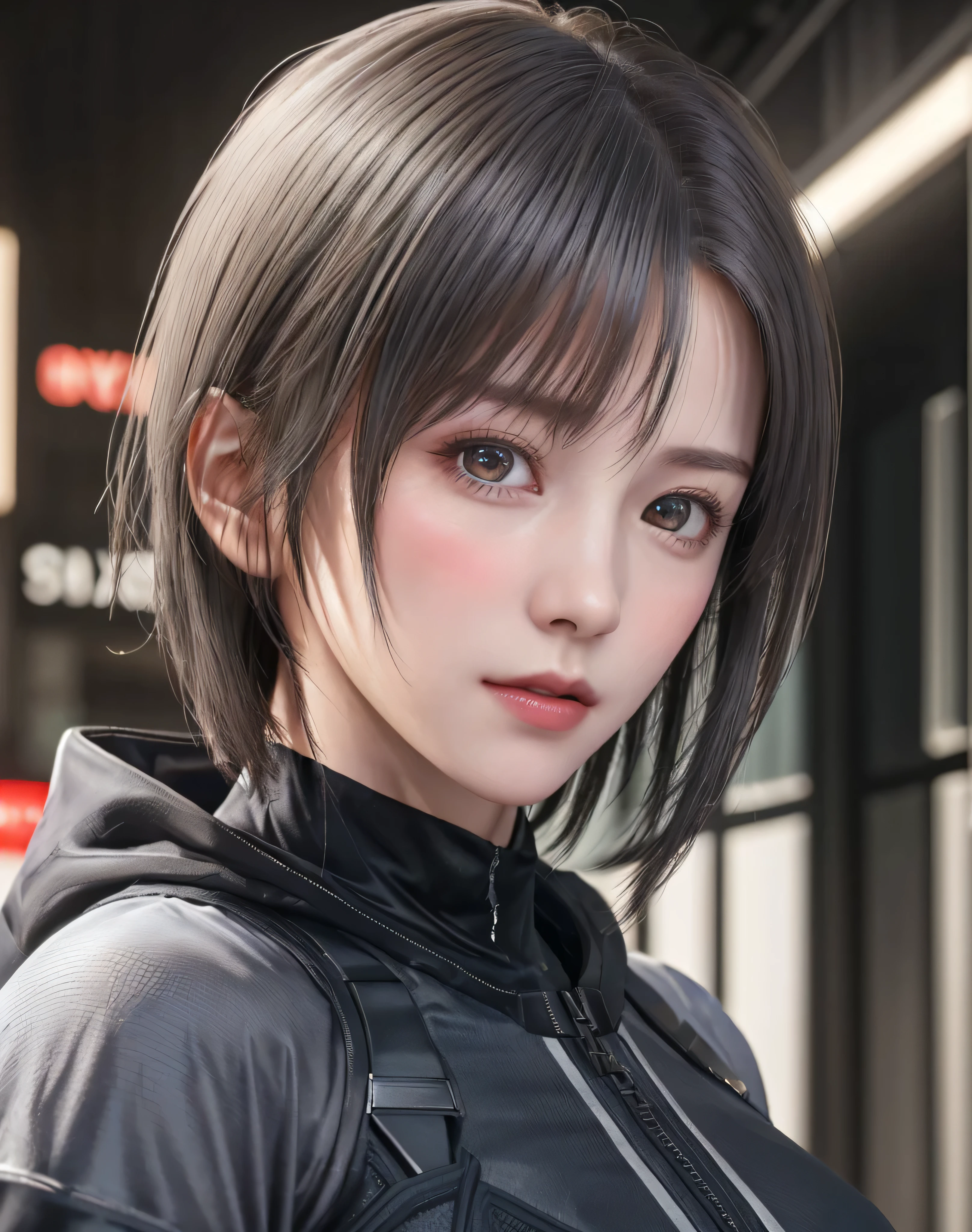 (8k, Realistic, RAW Photos:1.4, highest quality: 1.3), (One Girl), Very beautiful, (Realistic Face), (boyish, Silver color very short hair), beautiful cyberpunk suit, A brilliance that captivates the viewer, beautiful expression, beautiful breasts, (Realistic Skin), beautiful...