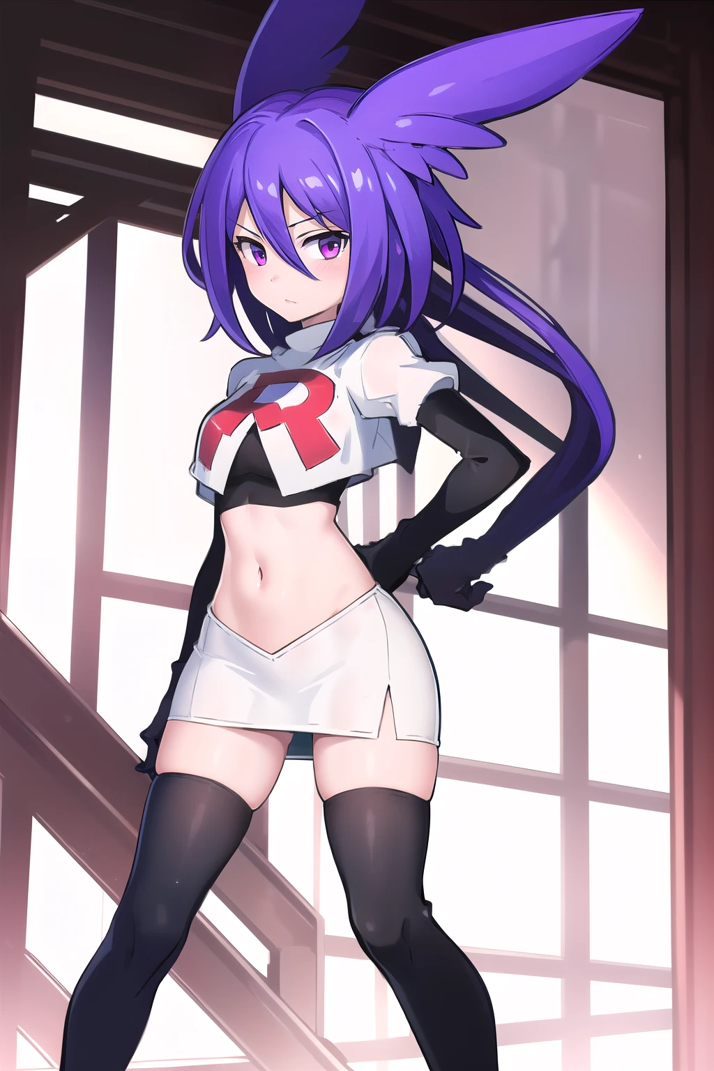 masterpiece, 1girl, levia \(trillion\), team rocket,team rocket uniform,white skirt,red letter R,crop top,black thigh-highs,black elbow gloves