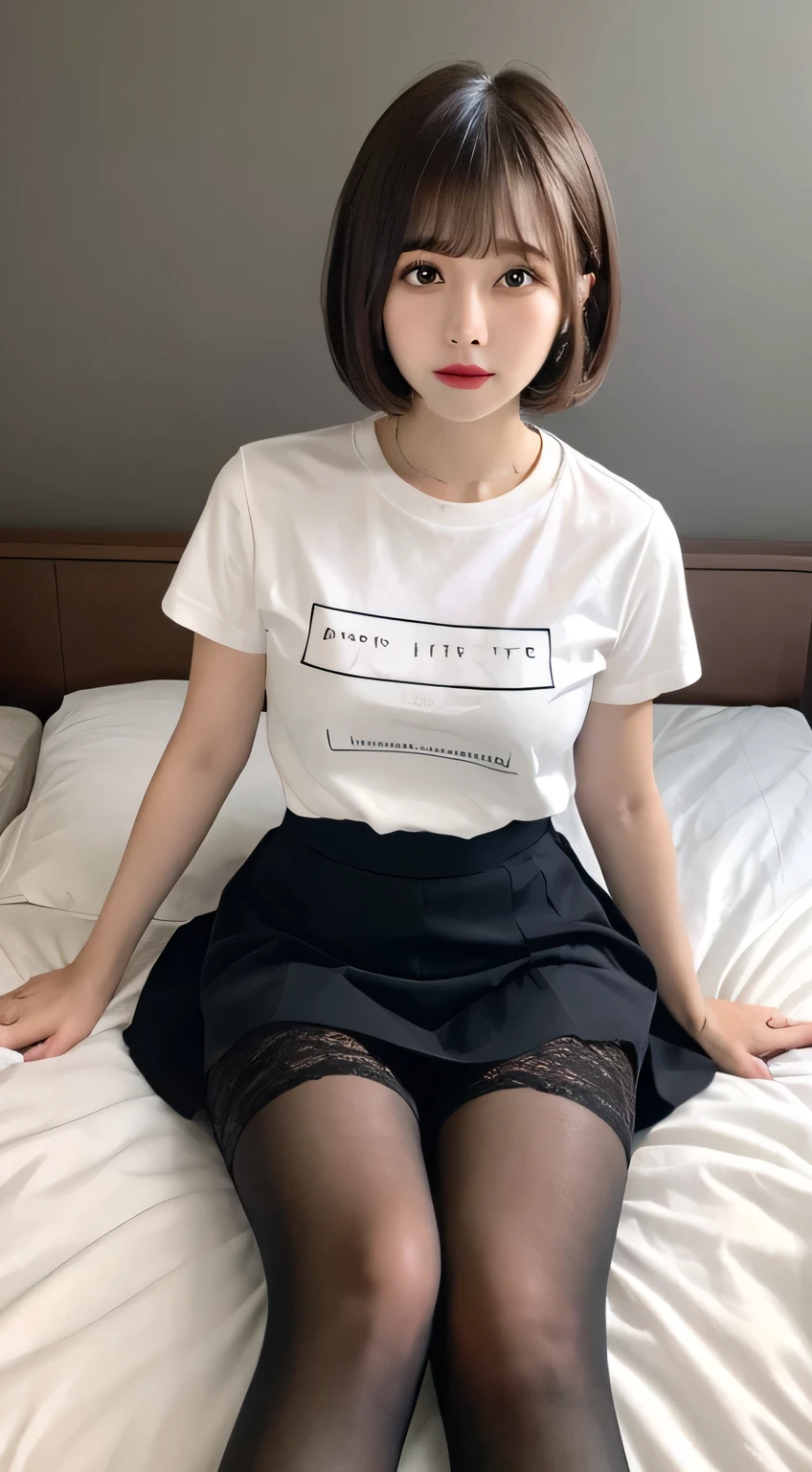 White tight shirt、Lace mini skirt、I can see your pants、bed、Embarrassed face、Short sleeve、Short hair with bangs