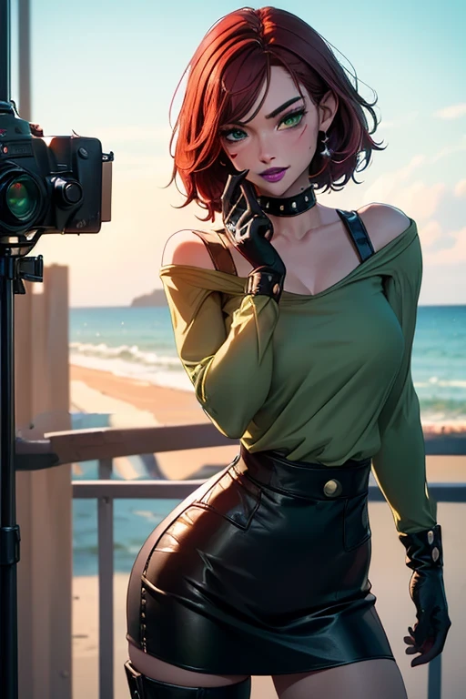 Masterpiece, beautiful art, professional artist, 8k, very detailed face, very detailed hair, 1girl, Rogue (RogueXME, short hair, two-tone hair, (red hair), (white bangs), green eyes, purple makeup, purple lipstick, medium breasts, smiling, choker, studded collar, ((tight green shirt)), miniskirt, leather skirt, gloves, boots), walking on the Santa Monica pier, hot, horny, aroused, blushing, thinking of her girlfriend, missing her lover, no labels, no branding, perfectly drawn body, beautiful face, very detailed eyes, rosey cheeks, intricate details in eyes, perfect fit body, beautiful body, extremely detailed, intricate details, highly detailed, sharp focus, detailed skin, realistic skin texture, texture, detailed eyes, high resolution, kodak vision color, foto_\(ultra\), post-processing, maximum detail, roughness, real life, ultra realistic, photorealism, photography, absurdres, RAW photo, highest quality, high detail RAW color photo, professional photo, extremely detailed UHD 8k wallpaper unit, best quality, highres, (masterpiece, top quality, high resolution:1.4), photo, cinematic, film grain, sharp, soft natural light, magic photography, super detailed, remove extra hand and limb.