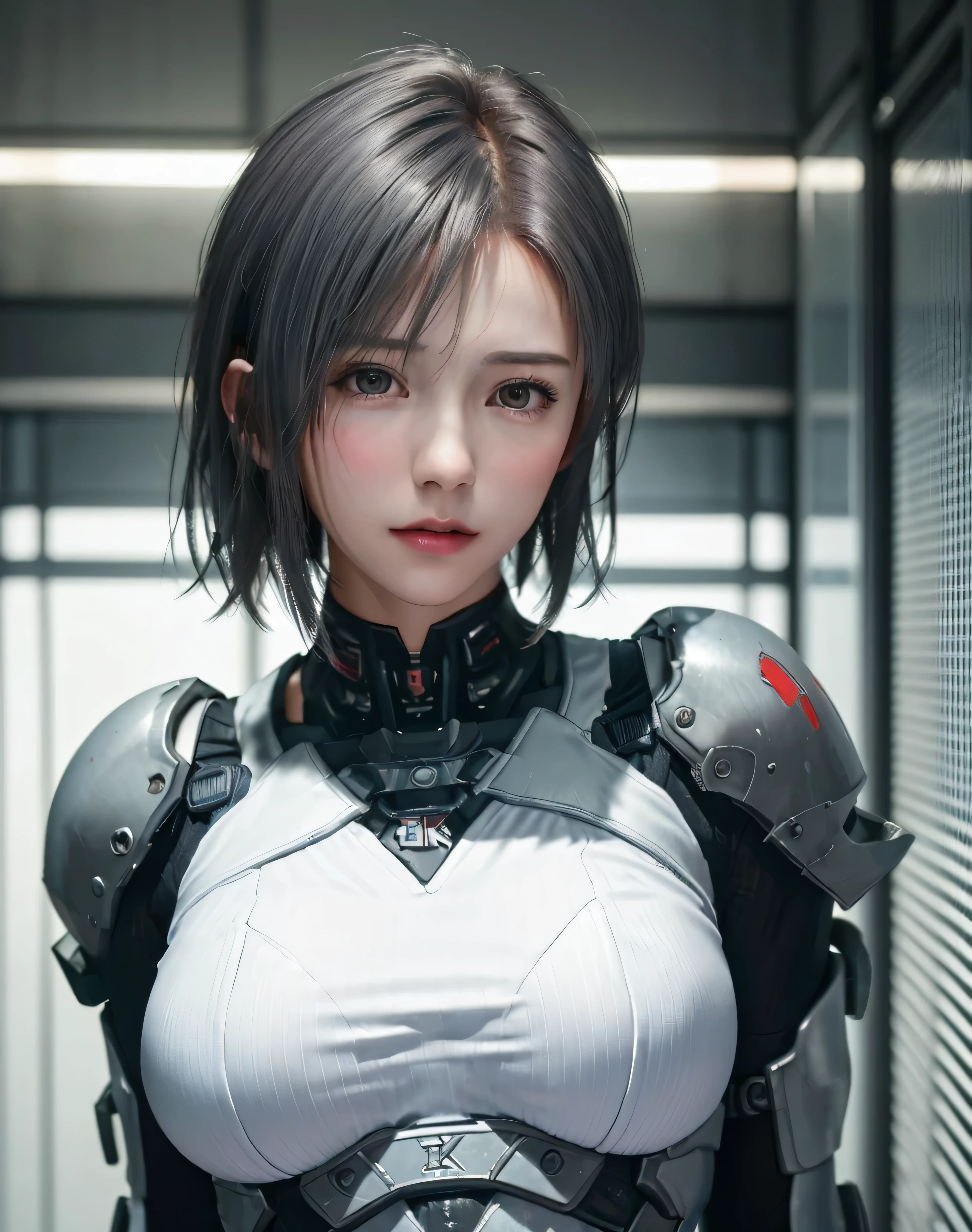 (8k, Realistic, RAW Photos:1.4, highest quality: 1.3), (One Girl), Very beautiful, (Realistic Face), (boyish, Silver color very short hair), beautiful cyberpunk suit, A brilliance that captivates the viewer, beautiful expression, beautiful breasts, (Realistic Skin), beautiful...