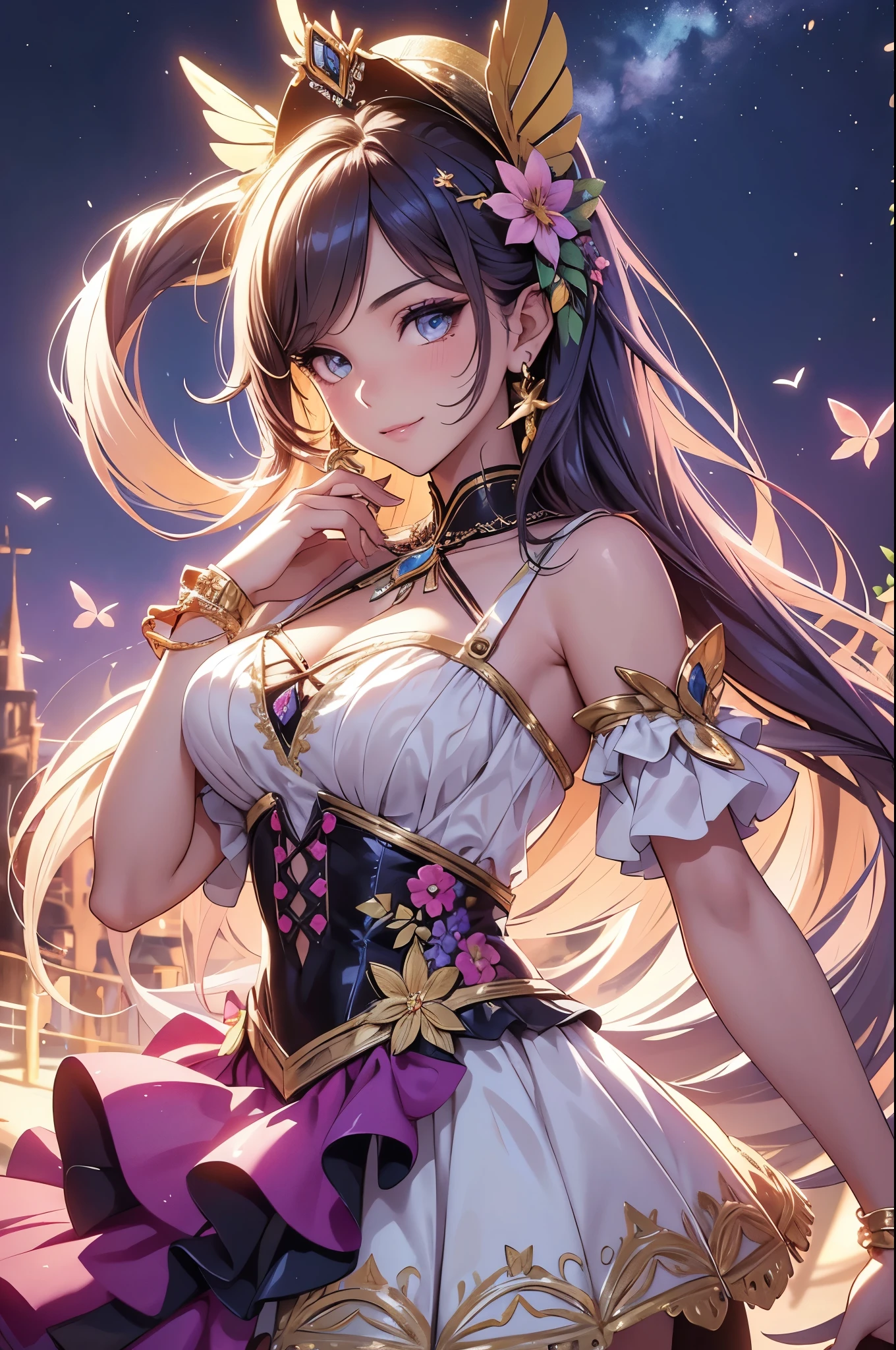 (best quality,4k,8k,highres,masterpiece:1.2),ultra-detailed,(realistic,photorealistic,photo-realistic:1.37),acrylic painting,beautiful Brazilian model in a ta dress with downy hair,beautiful Brazilian model with extremely colorful hair and detailed facial features,beautiful Brazilian model standing in a beautiful garden surrounded by a starry sky,beautiful Brazilian model wearing a vibrant Loliress,beautiful Brazilian model with intricate accessories and a matching hat,beautiful Brazilian model posing gracefully with her hands on her hips,beautiful Brazilian model with long flowing twintails,beautiful Brazilian model with bright blue eyes and rosy lips,beautiful Brazilian model with a joyful expression,beautiful Brazilian model in a dynamic pose with cherry blossoms falling around her,beautiful Brazilian model surrounded by colorful flowers and butterflies,beautiful Brazilian model's dress adorned with cute bows and lace details,beautiful Brazilian model with an enchanting smile,beautiful Brazilian model with soft, pastel-colored shading,beautiful Brazilian model with a magical glow illuminating her,beautiful Brazilian model in a picturesque setting with a winding path leading to a magnificent castle,beautiful Brazilian model holding a microphone and singing passionately,beautiful Brazilian model with a fairytale-like background,beautiful Brazilian model with a soft, dreamy atmosphere,beautiful Brazilian model with a subtle bokeh effect,beautiful Brazilian model standing under a moonlit sky,beautiful Brazilian model with a warm, golden sunset in the background,beautiful Brazilian model surrounded by twinkling stars and colorful nebulae,creating an ethereal and captivating artistic masterpiece.