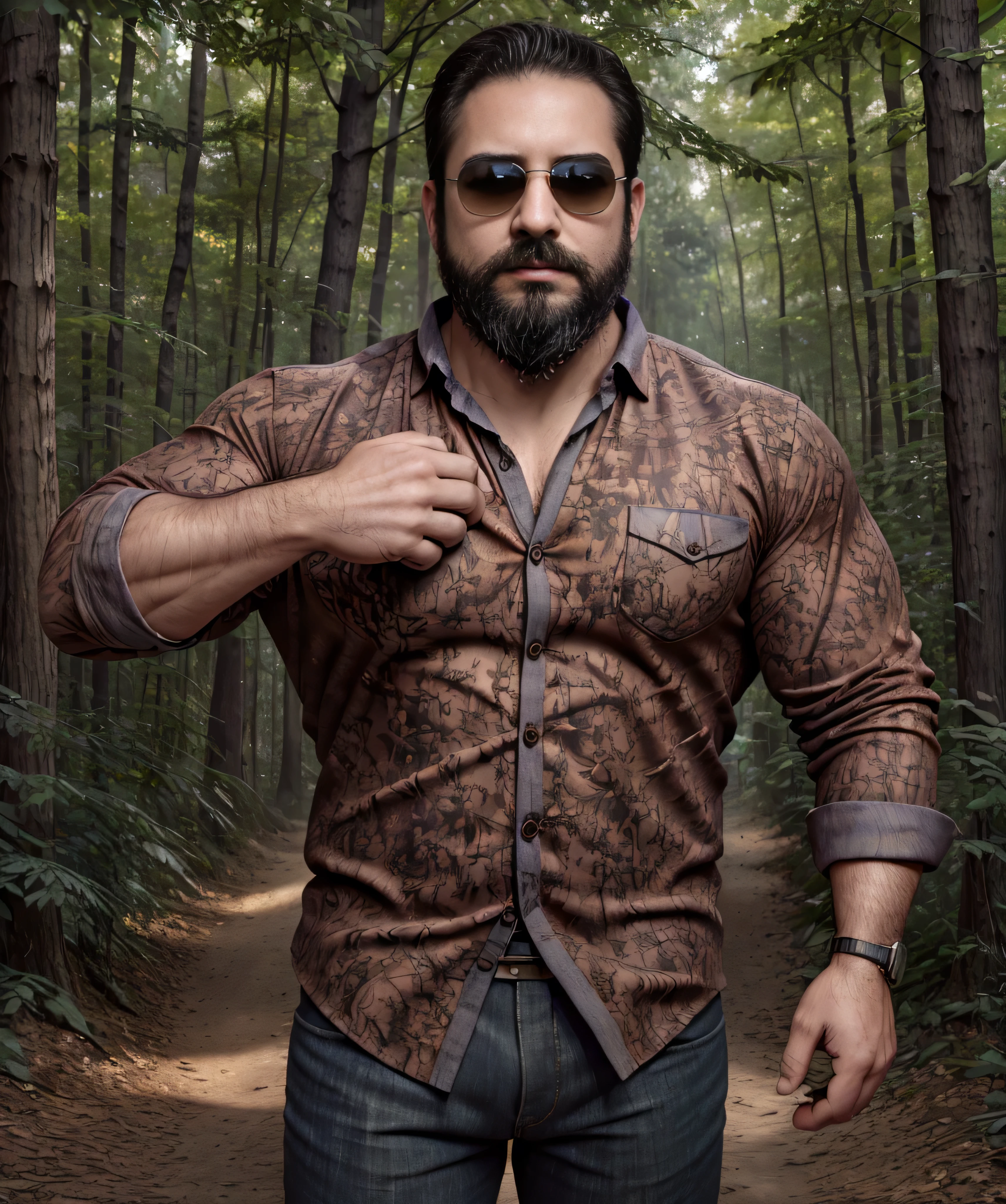 (best quality,4k,8k,highres,masterpiece:1.2),bokeh,upper body blurred,man with beard and square sunglasses,detailed hands in pants pockets,38-year-old man,chubby,brick shirt,action movie,fire in the forest background