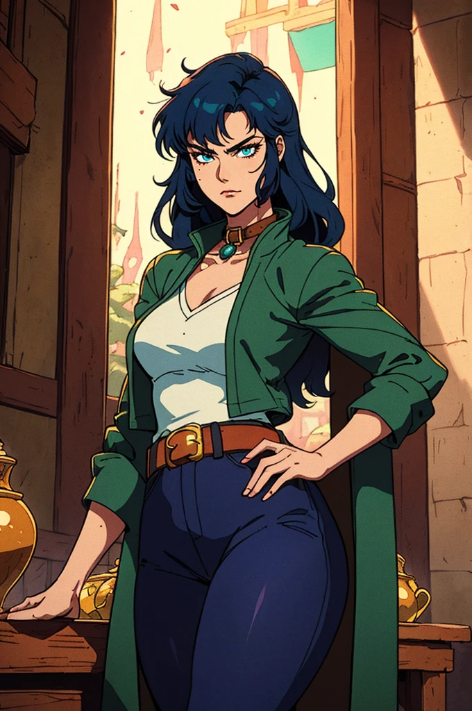 ((A young woman with flowing long dark blue hair, long side part bangs covering the right side of her face, sharp upward-arched thick eyebrows, large expressive eyes, a delicate oval face, a sensual wide mouth, a mocking expression, a fantasy martial arts-style emerald green short jacket with a blue undershirt, a high collar, rolled-up sleeves, matching fabric pants, a yellow waist belt, leather combat boots, one hand rests on her hip, surrounded by a cyan energy aura, standing in a fantasy style Chinese tavern)), this character embodies a finely crafted a fantasy martial arts heroine in anime style, exquisite and mature manga art style, pale skin, high definition, best quality, highres, ultra-detailed, ultra-fine painting, extremely delicate, professional, anatomically correct, symmetrical face, extremely detailed eyes and face, high quality eyes, creativity, RAW photo, UHD, 32k, Natural light, cinematic lighting, masterpiece-anatomy-perfect, masterpiece:1.5