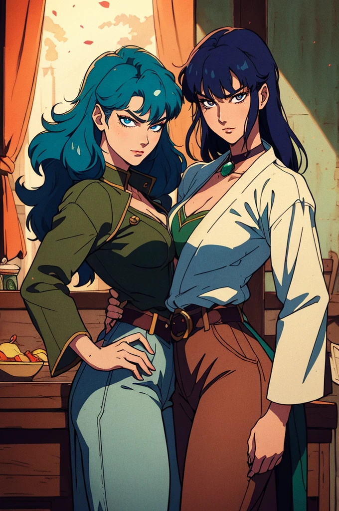 ((A young woman with flowing long dark blue hair, long side part bangs covering the right side of her face, sharp upward-arched thick eyebrows, large expressive eyes, a delicate oval face, a sensual wide mouth, a mocking expression, a fantasy martial arts-style emerald green short jacket with a blue undershirt, a high collar, rolled-up sleeves, matching fabric pants, a yellow waist belt, leather combat boots, one hand rests on her hip, surrounded by a cyan energy aura, standing in a fantasy style Chinese tavern)), this character embodies a finely crafted a fantasy martial arts heroine in anime style, exquisite and mature manga art style, pale skin, high definition, best quality, highres, ultra-detailed, ultra-fine painting, extremely delicate, professional, anatomically correct, symmetrical face, extremely detailed eyes and face, high quality eyes, creativity, RAW photo, UHD, 32k, Natural light, cinematic lighting, masterpiece-anatomy-perfect, masterpiece:1.5