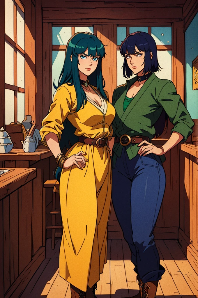 ((A young woman with flowing long dark blue hair, long side part bangs covering the right side of her face, sharp upward-arched thick eyebrows, large expressive eyes, a delicate oval face, a sensual wide mouth, a mocking expression, a fantasy martial arts-style emerald green short jacket with a blue undershirt, a high collar, rolled-up sleeves, matching fabric pants, a yellow waist belt, leather combat boots, one hand rests on her hip, surrounded by a cyan energy aura, standing in a fantasy style Chinese tavern)), this character embodies a finely crafted a fantasy martial arts heroine in anime style, exquisite and mature manga art style, pale skin, high definition, best quality, highres, ultra-detailed, ultra-fine painting, extremely delicate, professional, anatomically correct, symmetrical face, extremely detailed eyes and face, high quality eyes, creativity, RAW photo, UHD, 32k, Natural light, cinematic lighting, masterpiece-anatomy-perfect, masterpiece:1.5