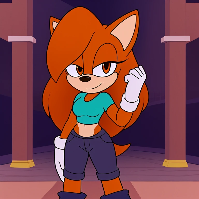 (score_9, score_8_up, 2d), 1girl, smug girl mobian, female mobian, shirt, pants, orange hair, orange fur, smug face, light brown eyes, long hair, smug, solo, (toned body).