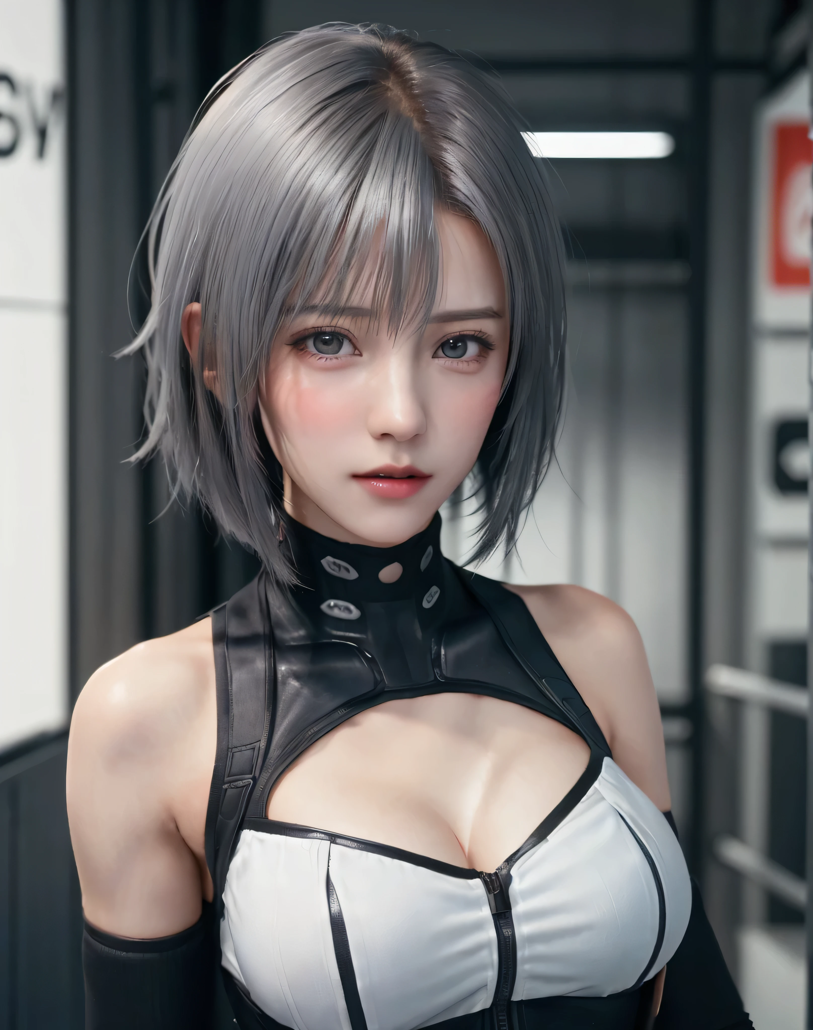 (8k, Realistic, RAW Photos:1.4, highest quality: 1.3), (One Girl), Very beautiful, (Realistic Face), (boyish, Silver color very short hair), beautiful cyberpunk suit, A brilliance that captivates the viewer, beautiful expression, beautiful breasts, (Realistic Skin), beautiful...