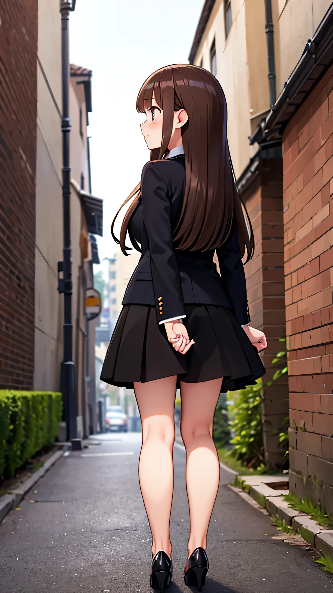 masterpiece、highest quality),Brown Hair,Hime cut,Long Hair,Bangs,girl,Back Alley,In a suit,OL,Woman with an angry face,Blushing,Slender women, A woman wearing plain black pumps,Bare feet and pumps,Open collar,Stand with your legs together,hold the skirt with both hands,front