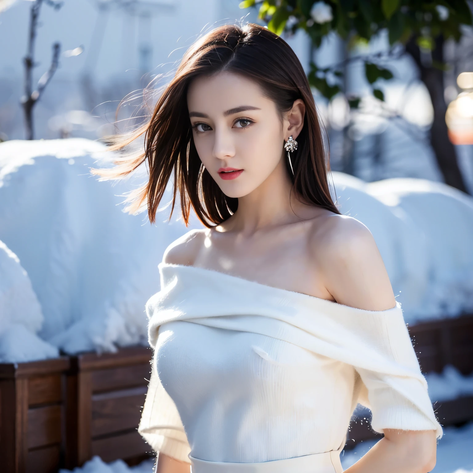 ((top quality、8k、masterpiece:1.3))、Very pretty beautiful girl，full-body shot，Huge ，Breast ement，amazing breast size，Gear big earrings，The skin is very white，Hydrating red lips，Very thin waist，Thighs are very thin，Big Ass，Fair and smoothin，Smooth and fair skin，Flawless skin，Fair and shiny skin，Cool white skin，The camera focuses on the chest，Bright light，White sweater，Lower body exposed，Bare shoulders，white hair，Hair has turned white，Snow covered the ground，Snow Mountain，Sunset，There is a tree full of white flowers on the upper right.
