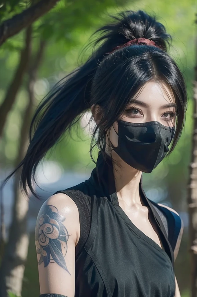 Akali masked shoulder tattoo in League of Legends，one person，wallpaper，Background in the forest，Game character design，high ponytail，Super light sense，female ninja。