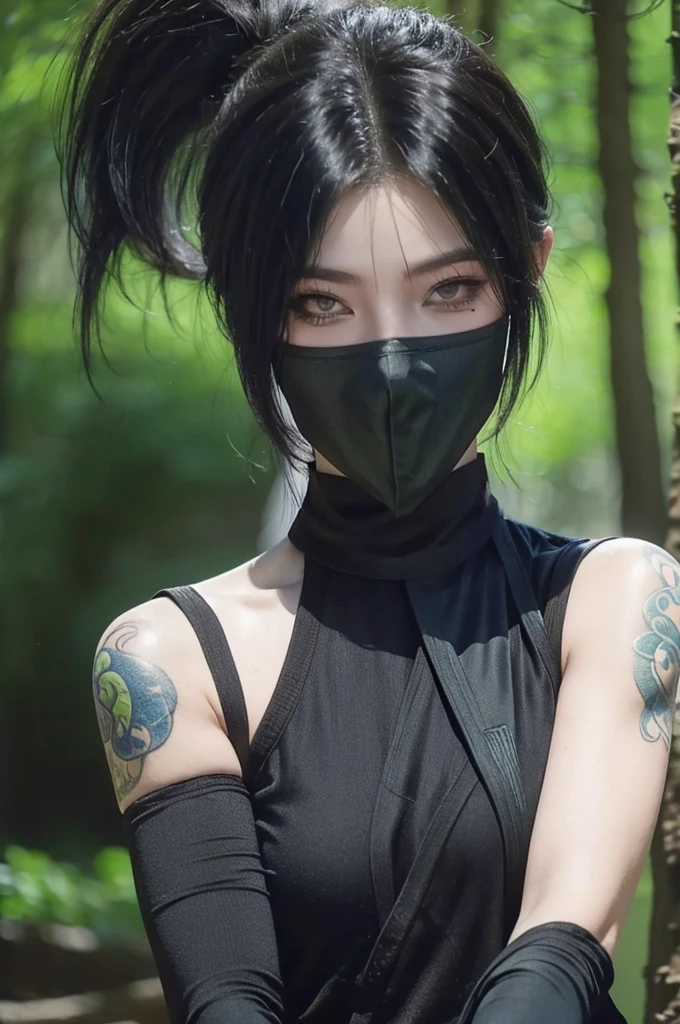 Akali masked shoulder tattoo in League of Legends，one person，wallpaper，Background in the forest，Game character design，high ponytail，Super light sense，female ninja。