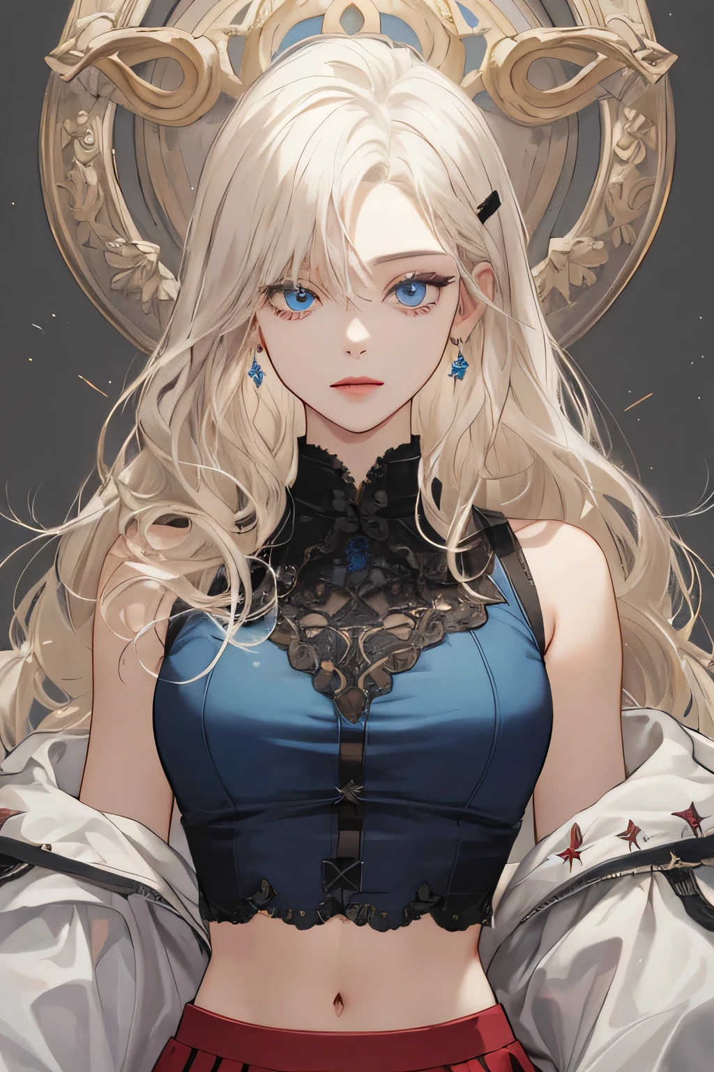 (extreamly delicate and beautiful:1.2), 8K,(masterpiece:1.0),(best_quality:1.0), 1 girl, and intricate detailing, Enlarged textures, and intricate detailing, finely eye and detailed face, and intricate detailing, shiraga, platinum blonde curls long hair, (closed mouths), Perfect eyes, Equal eyes, blue carolina eyes (A famale god) with black crop top modern and red maroon short skirt span, blue carolina eyes perfect, perfect, earing, hairpin, perfect body, big and sexy body, blue carolina perfect eyes