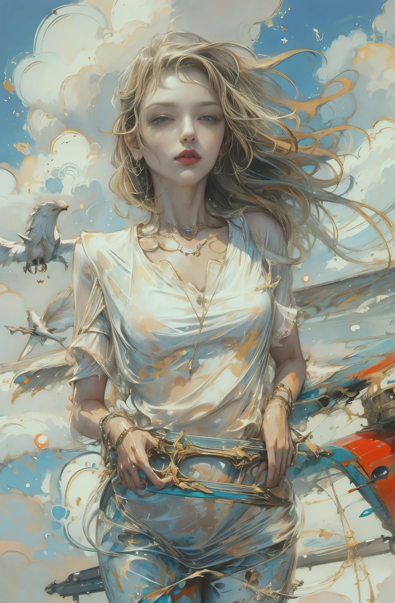 ,((best quality))),8K,((masterpiece)),(Extremely exquisite and beautiful), A girl came out of the sea, The Swan Princess in Russian Mythology, Beautiful calm face, blue eyes, Long Blonde Braid, Moon braid hair behind the head, Dressed in white shiny old Russian costume，Wearing the Kokoshnik crown, Affectionate gaze, Half a smile, A gentle expression on his face, Background with sea view and sunshine, Seagulls in the sky, full length, realism