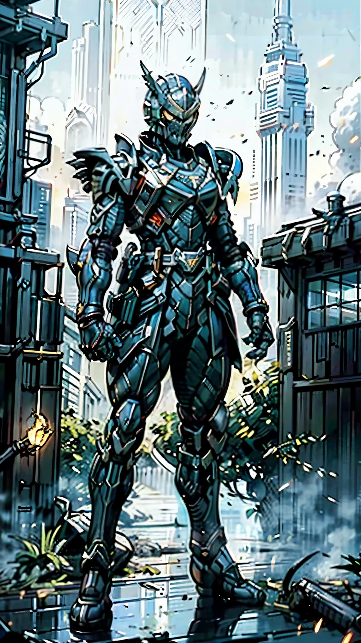 A man wearing a full-face helmet, a fantasy-style biotech armored combat suit, green eyes, (a composite layered chest armor), fully enclosed shoulder guards, matching arm and leg guards, the belt is adorned with fangs biting into gem, (the color scheme is primarily black with red accents), the design balances heavy with agility, a high-tech bio-mecha armor, (Armor Concept Inspired by Godzilla, stand on the top of a skyscraper in a futuristic sci-fi city), this character embodies a finely crafted fantasy-surreal style armored hero in anime style, exquisite and mature manga art style, (element, plasma, energy, the armor glows), ((male:1.5)), metallic, real texture material, dramatic, high definition, best quality, highres, ultra-detailed, ultra-fine painting, extremely delicate, professional, perfect body proportions, golden ratio, anatomically correct, symmetrical face, extremely detailed eyes and face, high quality eyes, creativity, RAW photo, UHD, 32k, Natural light, cinematic lighting, masterpiece-anatomy-perfect, masterpiece:1.5