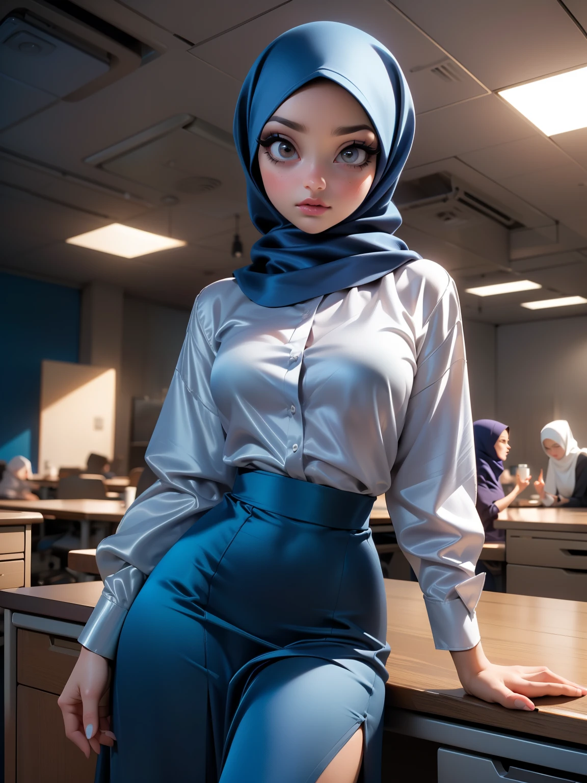 ((Masterpiece, best quality, photography, detailed skin, realistic, photo-realistic, 8k, highly detailed, full length frame, High detail RAW color art, diffused soft lighting, shallow depth of field, sharp focus, hyperrealism, cinematic lighting, hijab, a woman in a beautifully makeup, eyeshadow, beautiful big eyes, brown eyes, long eye lashes, saggy body, wearing (Dark blue satin hijab), loosely tide hijab style, ((gray satin shirt)), satin long maxi skirts, lean on office desk