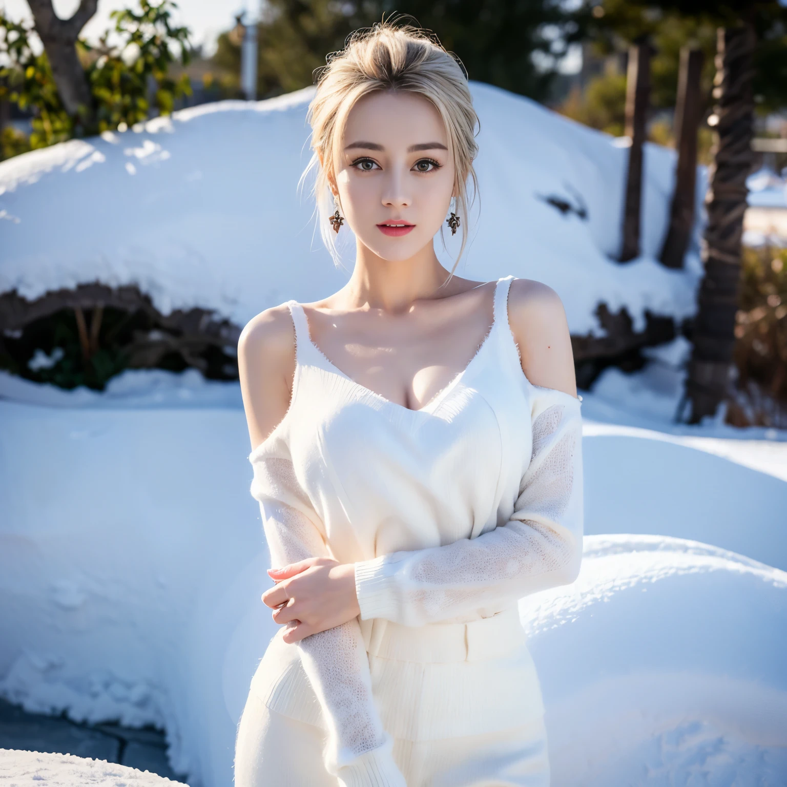 ((top quality、8K、Masterpiece:1.3))、Extremely delicate and beautiful girl,full-body shot,huge breasts,bigger breasts,amazing breast size,H cup,bare shoulders,Expose large,Expose more breasts。Wear big earrings,The skin is very white,moist red lips,Waist is very thin,Thighs are very thin,big ass,fair and smooth skin,Smooth and fair skin,flawless skin,Fair and shiny skin,cold white skin,The camera focuses on the chest,bright light,White cloth,breast exposed,white hair,white hair,blizzard,snow mountain,Sunset,lake,sweet smile,mouth slightly open
