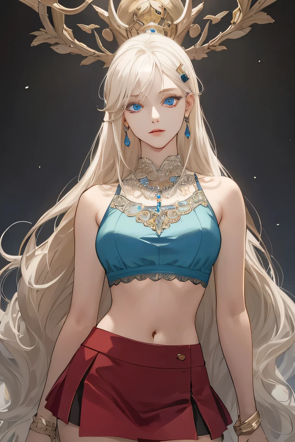 (extreamly delicate and beautiful:1.2), 8K,(masterpiece:1.0),(best_quality:1.0), 1 girl, and intricate detailing, Enlarged textures, and intricate detailing, finely eye and detailed face, and intricate detailing, shiraga, platinum blonde curls long hair, (closed mouths), Perfect eyes, Equal eyes, blue carolina eyes (A famale god) with black crop top modern and red maroon short skirt span, blue carolina eyes perfect, perfect, earing, hairpin, perfect body, big and sexy body, blue carolina perfect eyes, necklace blue
