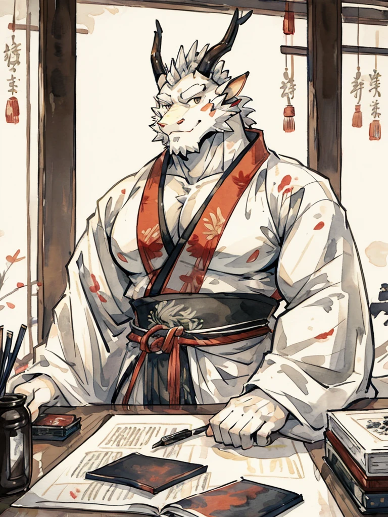 (white eastern dragon),furry,fuii body shot,white mustache,big pecs,hearty males,artbook,muscular,imperial robe,holding_stylus,sitting_on_desk,adult,traditional_chinese_room,(Ink wash painting)