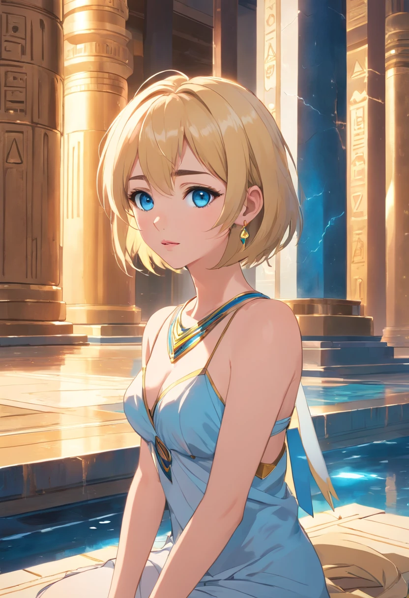17 years old Women, ((Blonde)), ((Blue eyes)), ((Short hair)), ((Full shot)), very detailed makeup, pale pink lipstick, long earrings, bare shoulders, Dressed as an Egyptian goddess inside a temple surrounded by other gods, the floor is wet