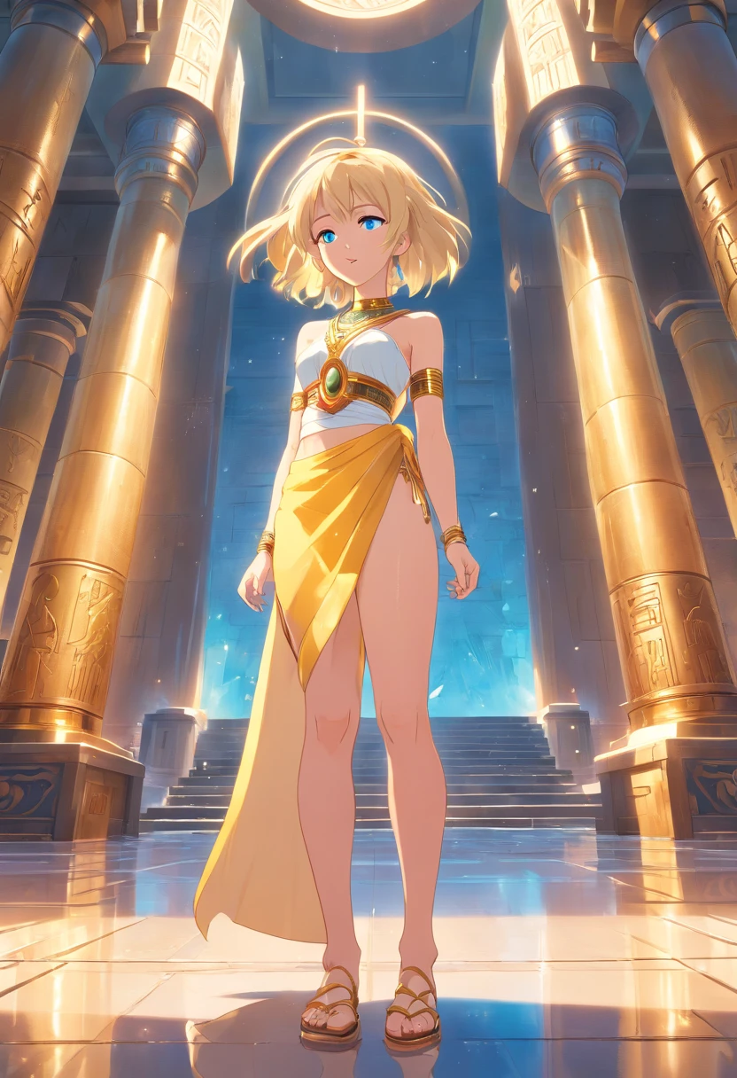 Women, ((Blonde)), ((Blue eyes)), ((Short hair)), ((Full shot)), very detailed makeup, pale pink lipstick, long earrings, bare shoulders, Dressed as an Egyptian goddess inside a temple surrounded by other gods, the floor is wet
