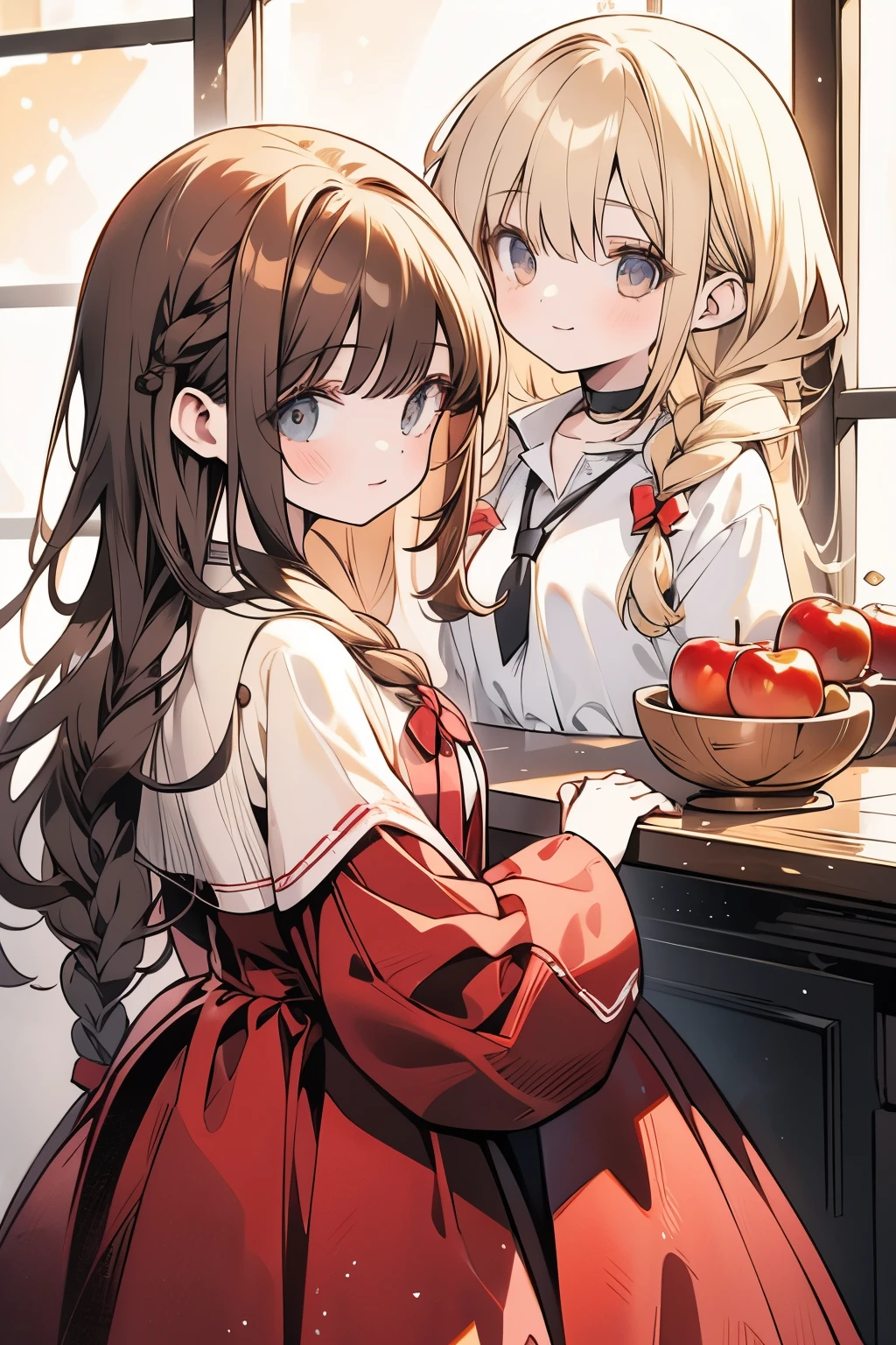 A 17-year-old blonde lady in a red dress and a brown-haired woman with braids dressed as an apple