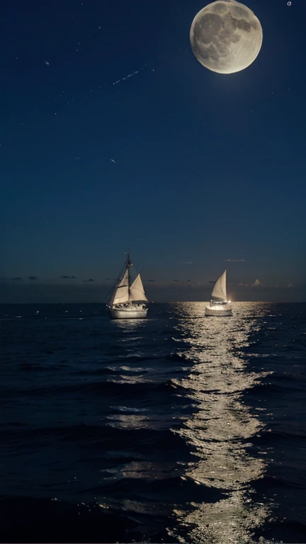 Por la noche, vista hacia el mar, luna llena, barcos al horizonte