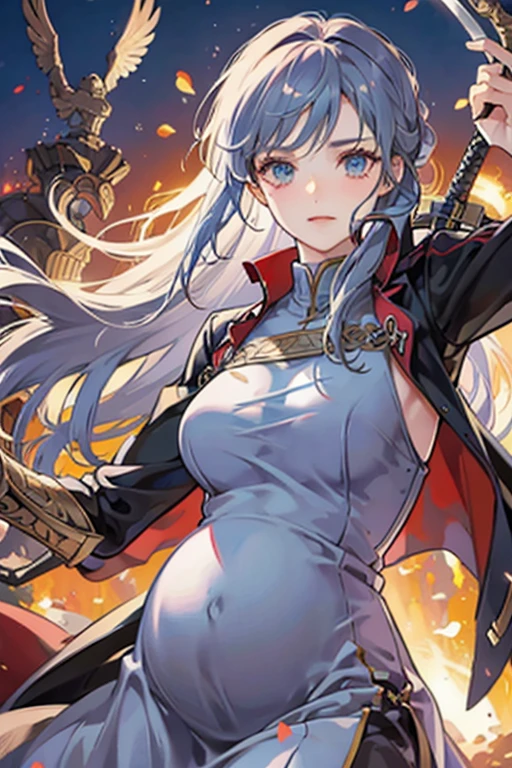 Pregnant Queen in battleground. She is holding a sword over an enemy knight.
