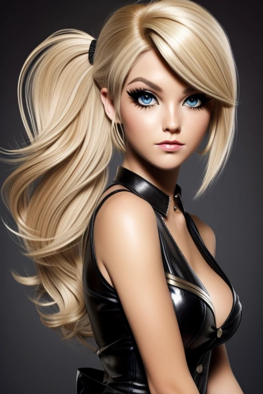 Blonde-haired Emo Pin up Girl, Black Faux, Lustrous zomp eyes, Striking a pose
