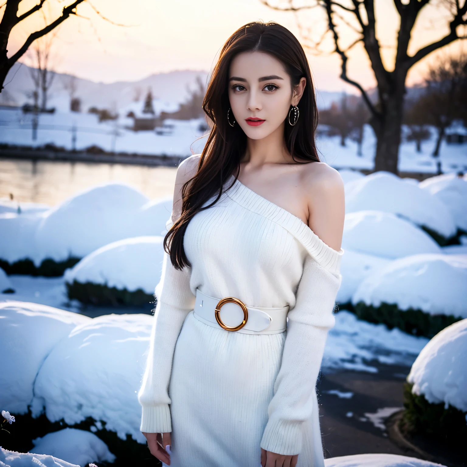 ((top quality、8k、masterpiece:1.3))、Very pretty beautiful girl,full-body shot,Huge breasts,Breast enlargement,amazing breast size,G cup。Wear big earrings,The skin is very white,Hydrating red lips,Very thin waist,Thighs are very thin,Big Ass,Fair and smooth skin,Smooth and fair skin,Flawless skin,Fair and shiny skin,Cool white skin,The camera focuses on the chest,Bright light,White sweater,Lower body exposed,Bare shoulders,white hair,Hair has turned white,Snow covered the ground,Snow Mountain,Sunset,There is a tree full of white flowers on the upper right.