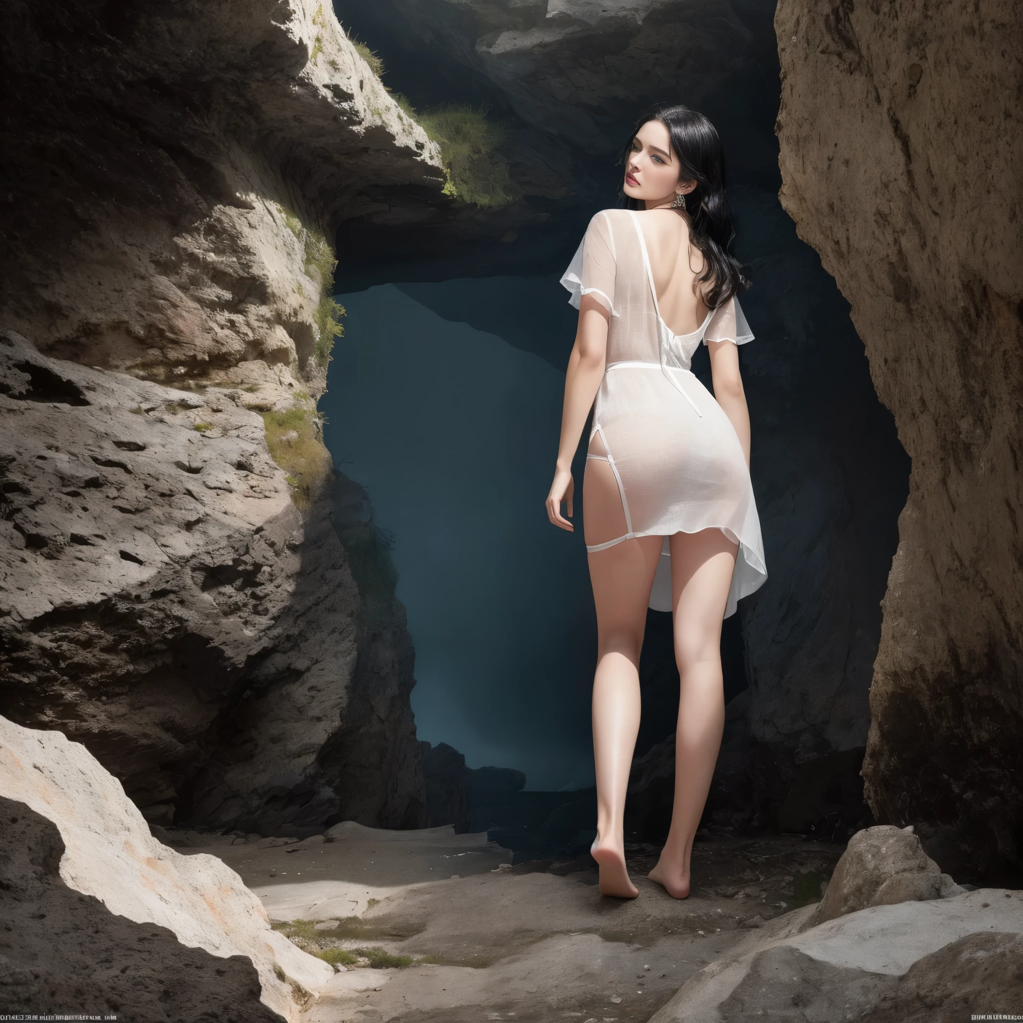 ((Masterpiece)) A Nordic woman is standing on the cliff, looking at the ocean. She has long black hair waving behind her back and sky-blue eyes. She wears a white linen dress that moves with the breeze. A highly detailed and hyper-realistic depiction of a princess in a white linen dress, wearing white panties, Realistic hands. ((full body)), mybeauties, The perspective is from below. ((Full body, bare feet)). The character is surrounded by mist, evoking a mysterious and eerie atmosphere. The lighting is dark and atmospheric, with a red smoke adding a touch of sinister ambiance. The image is of the best quality, with a resolution of 4k and HDR enhancement, showcasing the utmost level of detail and realism, sfw, full body shot. [[The perspective is from below]]. High resolution, adult woman, good lighting, despicable, (No nudity), (((China dress))), (garter belt), abdomen only, cute face, embarrassed and blush, humiliating, ((turn around and look back)), ((See-through)), (T-back), (a large amount of  is on the body)
