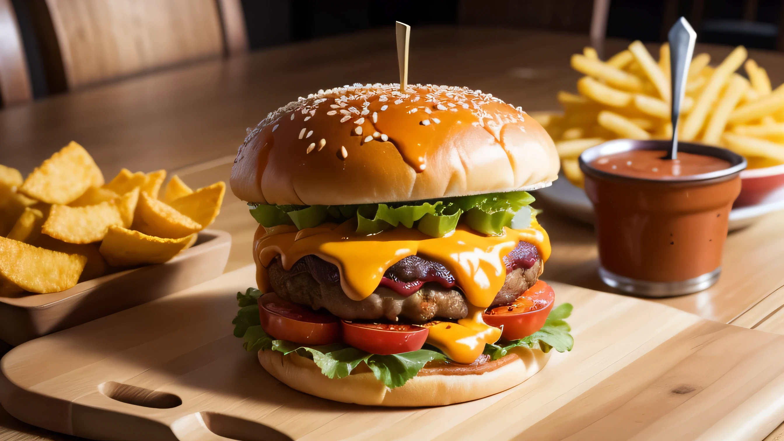 close up de una hamburguesa de carne, grande, full cheddar, full tocino, con queso amarillo, tocino, vegetales, pepinillos, al grill, salsa ketchup, mayonaise, mostaza, con papas fritas a su alrrededor, deliciosa, provocadora, jugosa, en una tabla de madera rustica, sobre un escenario decorado de restaurant. 32k fotorealisya hd master pieza, detalles intrincados sobre el tema