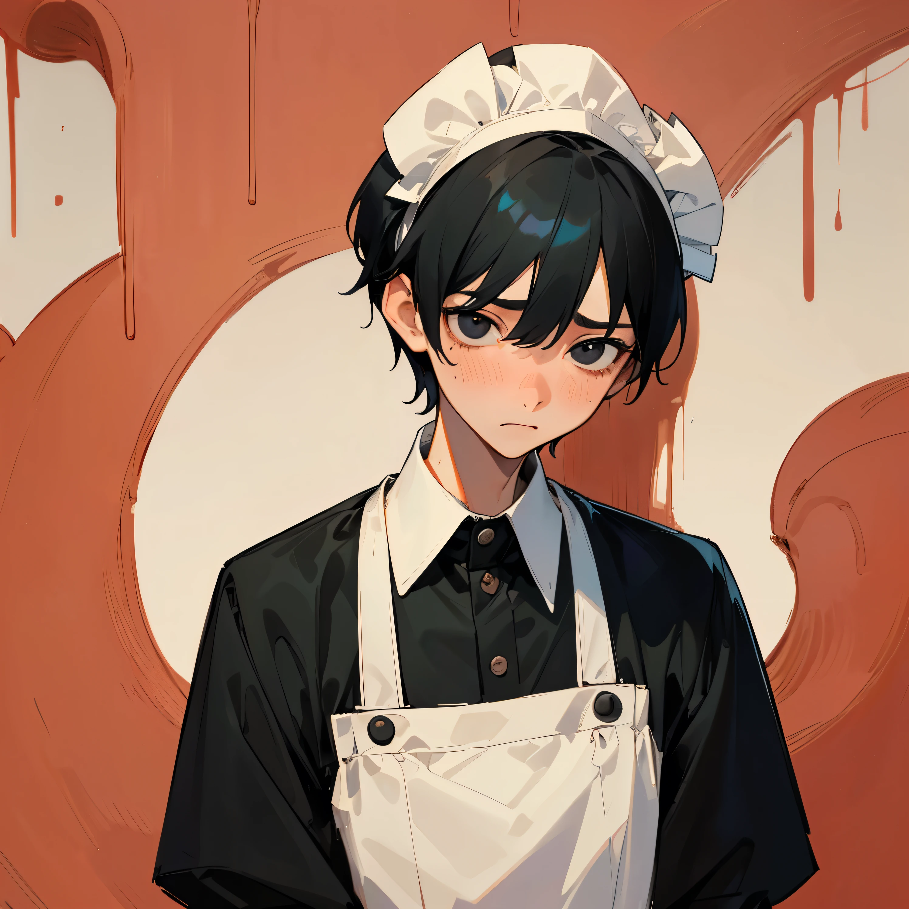 best quality, high quality, 1Boy, eighteen years old, black hair, very short hair, (shy, amazed:1.4), black eyes, droopy eyes, very thin eyebrows, wide-eyed, fair skin, skinny, maid uniform, boyish, upper body