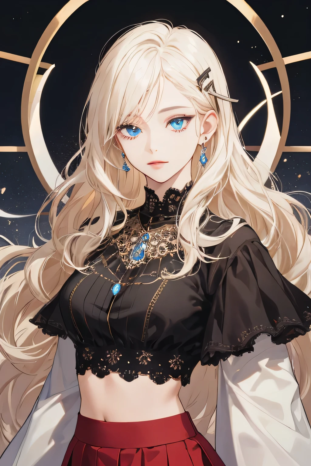 (extreamly delicate and beautiful:1.2), 8K,(masterpiece:1.0),(best_quality:1.0), 1 girl, and intricate detailing, Enlarged textures, and intricate detailing, finely eye and detailed face, and intricate detailing, shiraga, platinum blonde curls long hair, (closed mouths), Perfect eyes, Equal eyes, blue carolina eyes (A famale god) with black crop top modern and red maroon short skirt span, blue carolina eyes perfect, perfect, earing, hairpin, perfect body, big and sexy body, blue carolina perfect eyes, necklace blue