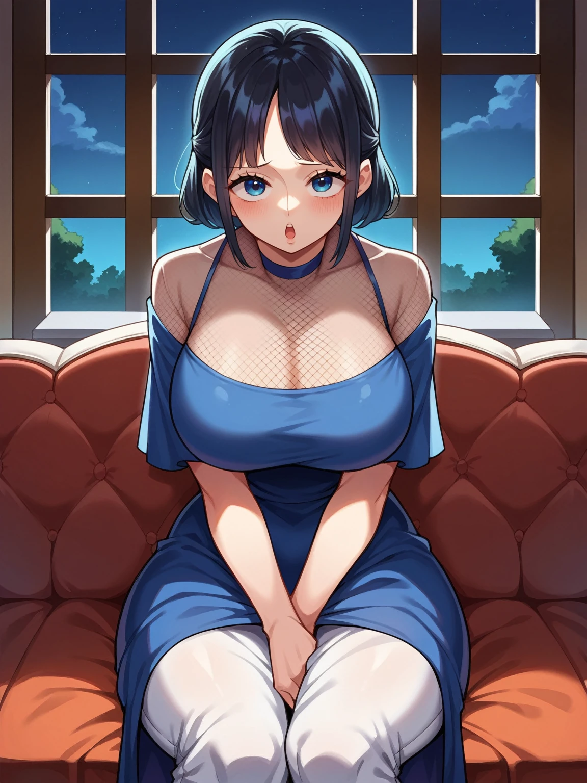 score_9, score_8_up, score_7_up, source_anime, solo, 1girl, blush, shy, looking at viewer, black hair, blue eyes, one piece, indoors, rating:safe, on couch, fancy loveseat, balcony, night, night time, after dark, moonlight, couch, front view, face focus, safe for work, dress, covered, clothes, standing, pants, blue dress, huge breasts, huge thighs, moaning, ecstasy, lewd face, ahegao, spread legs, fishnet clothing, fishnet stocking