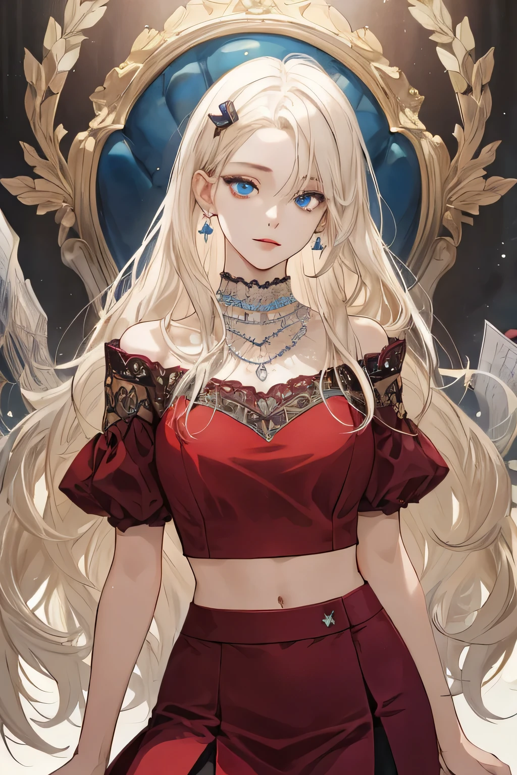 (extreamly delicate and beautiful:1.2), 8K,(masterpiece:1.0),(best_quality:1.0), 1 girl, and intricate detailing, Enlarged textures, and intricate detailing, finely eye and detailed face, and intricate detailing, shiraga, platinum blonde curls long hair, (closed mouths), Perfect eyes, Equal eyes, blue carolina eyes (A famale god) with black crop top modern and red maroon short skirt span, blue carolina eyes perfect, perfect, earing, hairpin, perfect body, big and sexy body, blue carolina perfect eyes, necklace blue 