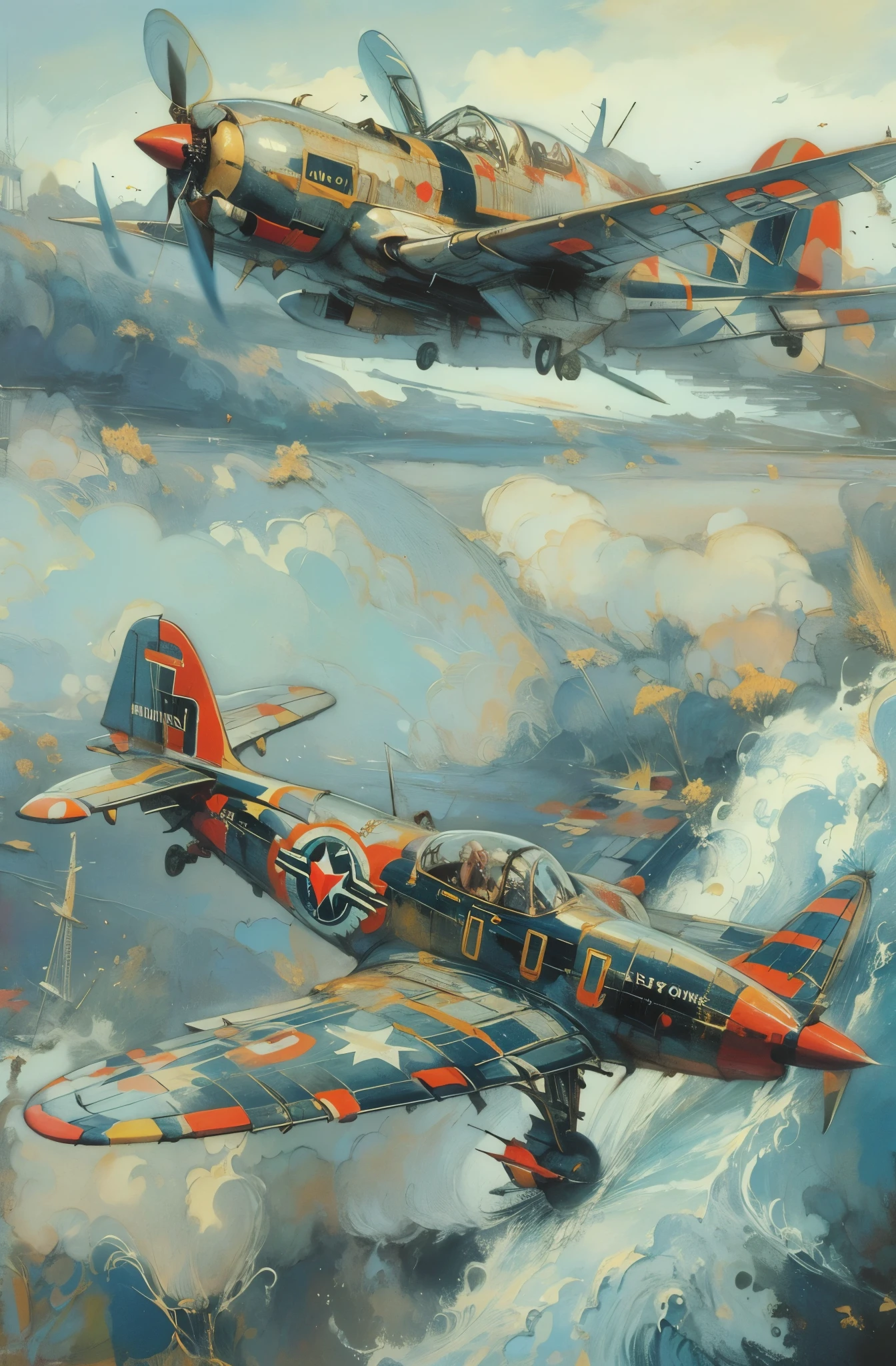 There is a small plane taking off into the sky., War Thunder Games, by Bob Ringwood,Sharp fuselage, CG Art, wonderfulデジタルイラスト, Beautiful digital art, Background air combat, Spitfire, Derek Hill, Tom Scott RSA, Wayne England, High-resolution screenshots, Cinematic shots!, Rendered with CGI, Simon Marmion, , Ultra-detailed paintings inspired by WLOP, ArtStation Trends, Fantasy art, intricate WLOP, art of WLOP, WLOPart, WLOP |, the style of WLOP, Beautiful character drawings, WLOP painting style, WLOP | art germ, Unparalleled Beauty Tumbler, Figurative art, Intense watercolor, Watercolor detailed art, Watercolor splash, Avant-garde pop art, Beautiful and expressive paintings, Beautiful artwork illustration, Very colorful tones, wonderful, masterpiece, highest quality, Official Art, Sharp contours, Best Shot, Vector art, By Sandra Chevrier, Dave McKean、Richard Avedon、By Makiej Kusiala, Bright design