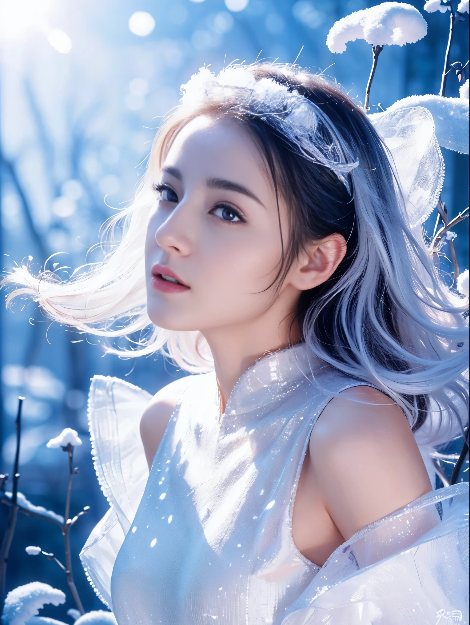 (((masterpiece))), best quality, illustration, 4k wallpaper, light, absurd, 1 girl,(snow,ice), snow花, In winter, white hair, Shiny hair, curls, Transparent clothes, decorate, Lace, Wet clothes, away_Shoulder, Headband,masterpiece, telephoto lens, absurd, Exquisite facial features,Record,Poster composition,strike an elegant pose,,Natural light,Soft Light,(Seven-part combination) ,epic,Fantastic and magical,mystery
