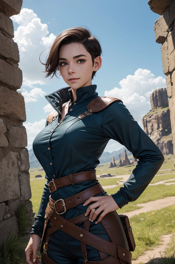 {{upper body, dutch angle}} {{Artist: sincos}} 1girl, mature female, brown hair, short hair, green eyes, black dress, white belt, indoors, living room, standing, hands on hips, pov, medieval fantasy.