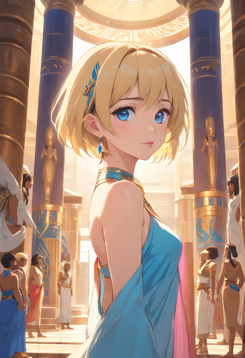 17 years old Women, ((Blonde)), ((Blue eyes)), ((Short hair)), ((Full shot)), very detailed makeup, pale pink lipstick, long earrings, bare shoulders, Dressed as an Egyptian goddess standing inside a temple being worshiped by people and surrounded by Anubis and Horus, the floor is wet