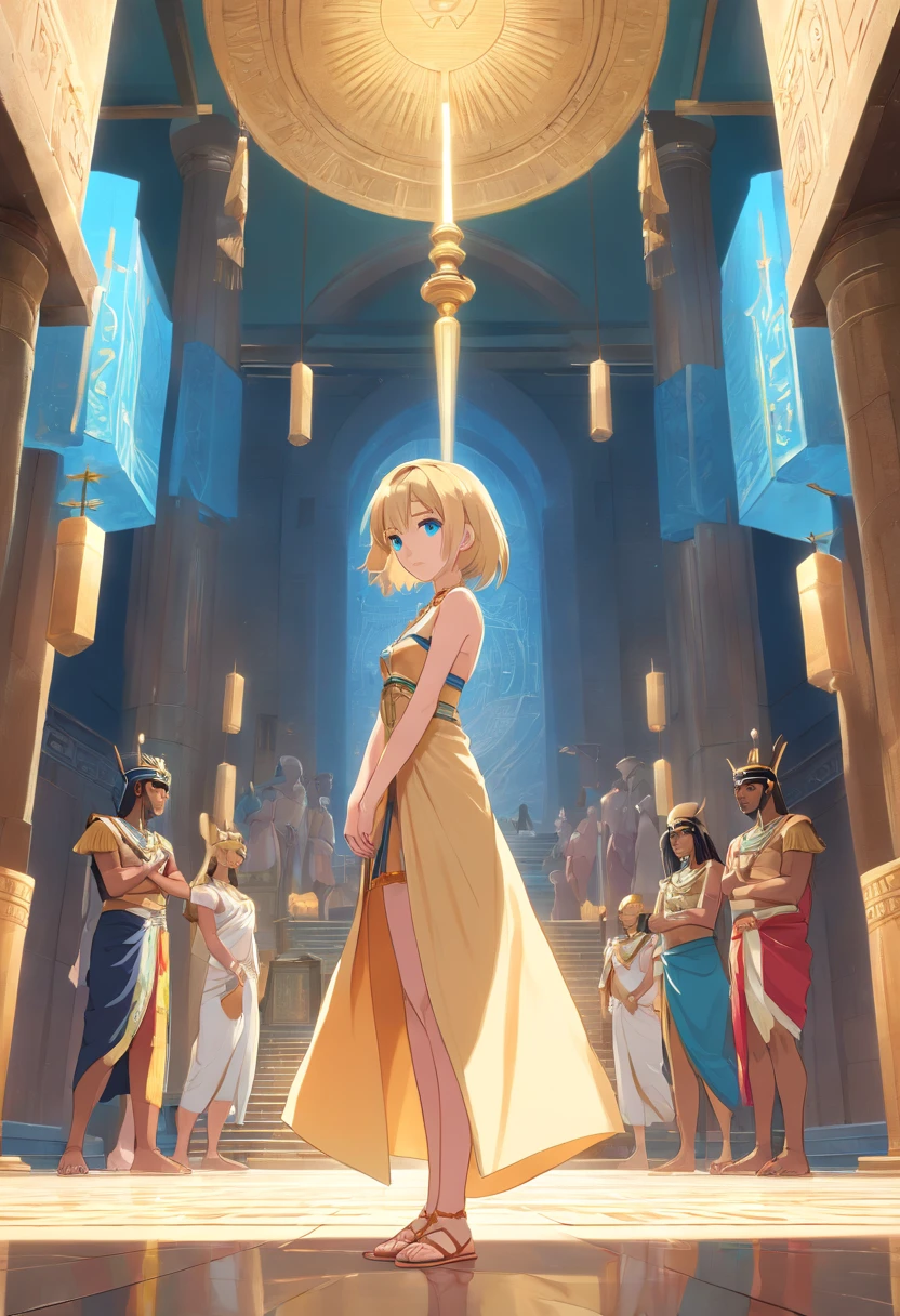  Women, ((Blonde)), ((Blue eyes)), ((Short hair)), ((Full shot)), very detailed makeup, pale pink lipstick, long earrings, bare shoulders, Dressed as an Egyptian goddess standing inside a temple being worshiped by people and surrounded by Anubis and Horus, the floor is wet