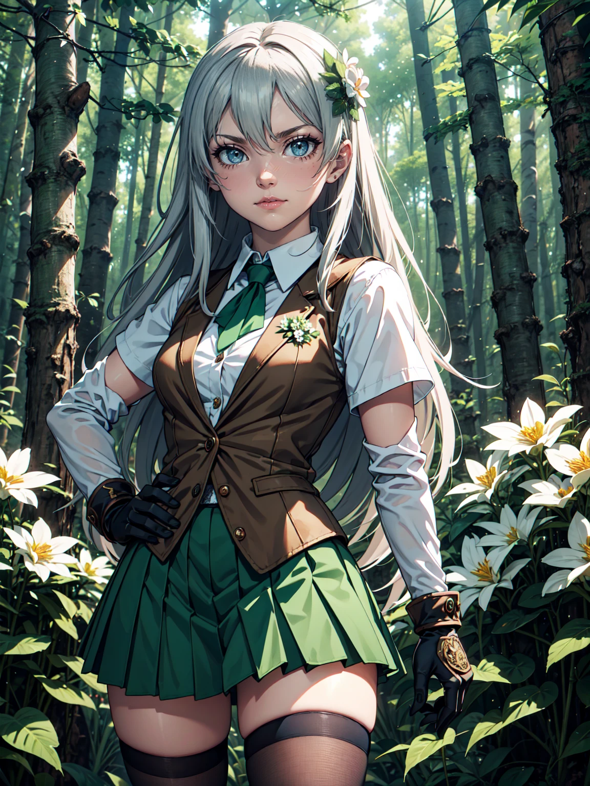 Ultra High Definition, Ultra High Quality, Hyper Definition, Hyper Quality, Hyper Detailed, Extremely Detailed, Perfectly Detailed, 8k, 1 Anime Female, Hand on Hip Pose,  Long Silver Hair, Women's Brown Vest, shirt, Green Skirt,  Tights, Gloves, Solid Green Eyes,  Smirk Expression, White Flower Barrette, Dressed in school  , Forest Panoramic Background
