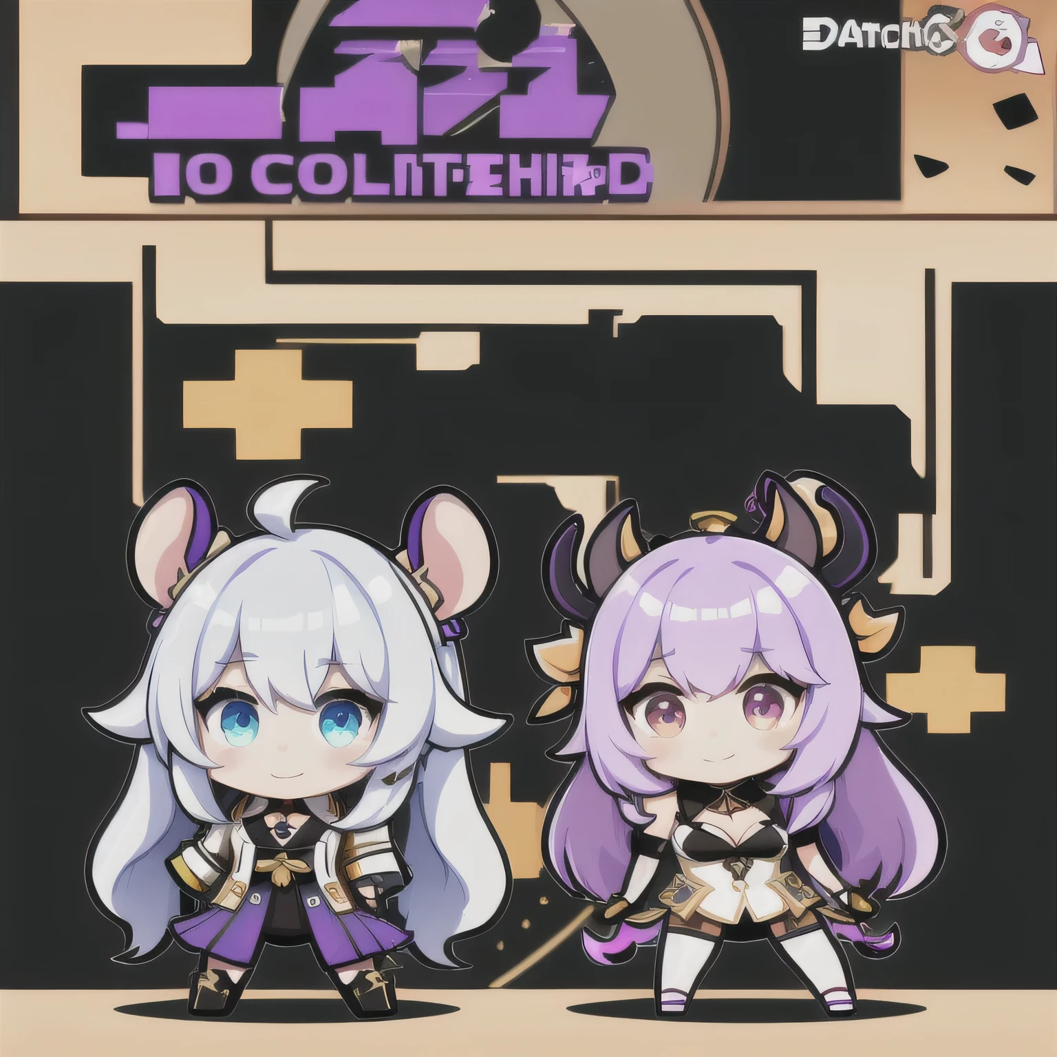a cartoon image of a girl with a purple hair and a black top, kda, character art of maple story, （（Deer antler hair accessories））advanced digital chibi art, arcane art style, 2 d sprite, genshin impact character, official character art, chibi monster girl, chibi, , noire, ayaka genshin impact, maplestory mouse, hero 2 d fanart artsation，a cartoon image of a girl with a purple hair and a purple outfit, , chibi, kda, twitch emote, chibi monster girl, [[[[grinning evily]]]], 2 d sprite, of a ramlethal valentine,Purple and white combination, melty, cute cyber gods, advanced digital chibi art（（2 girls ））Long purple-white hair，Double tail，big eyes，Sports Posture，Combat Status，Full mana