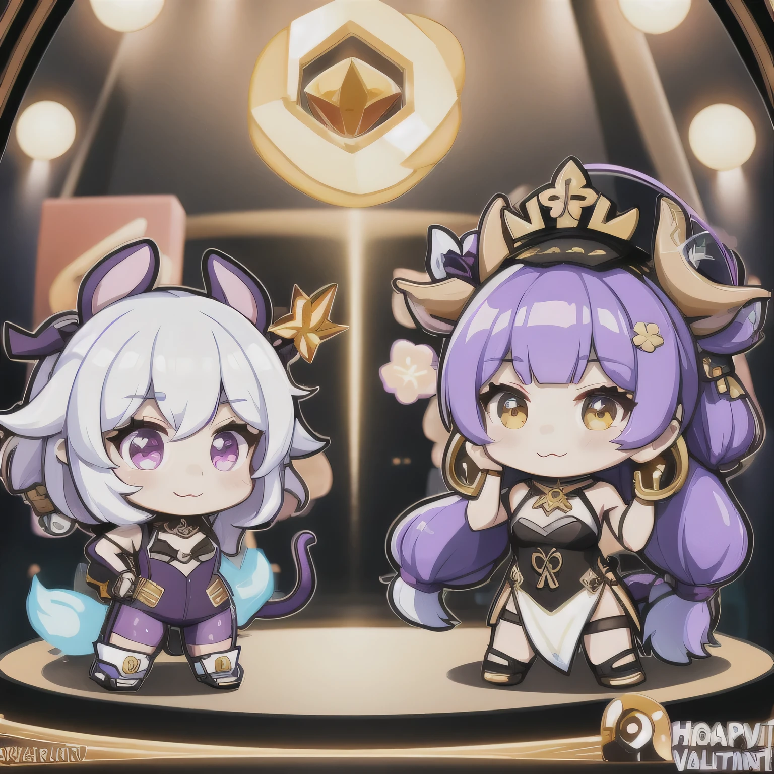 a cartoon image of a girl with a purple hair and a black top, kda, character art of maple story, （（Deer antler hair accessories））advanced digital chibi art, arcane art style, 2 d sprite, genshin impact character, official character art, chibi monster girl, chibi, , noire, ayaka genshin impact, maplestory mouse, hero 2 d fanart artsation，a cartoon image of a girl with a purple hair and a purple outfit, , chibi, kda, twitch emote, chibi monster girl, [[[[grinning evily]]]], 2 d sprite, of a ramlethal valentine,Purple and white combination, melty, cute cyber gods, advanced digital chibi art（（2 girls ））Long purple-white hair，Double tail，big eyes，Sports Posture，Combat Status，Full mana