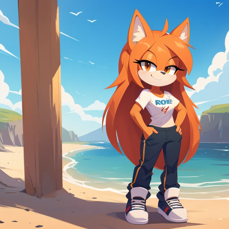 (score_9, score_8_up, 2d), 1girl, smug girl mobian, female mobian, shirt, pants, orange hair, orange fur, smug face, light brown eyes, long hair, smug, solo, (toned body).