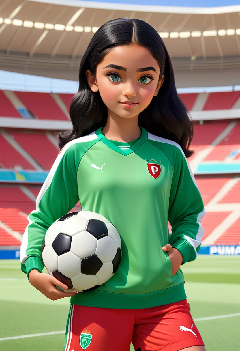 young Moroccan girl, , black hair with blue eyes, in a soccer stadium, in red and green Puma sports outfit from Morocco , 3d Pixar style, (Best quality, 4k, 8k, high resolution, masterpiece:1.2), Ultra-detailed, (Realistic, photoRealistic, photo-Realistic:1.37), portraits, Vivid colors, lighting studio