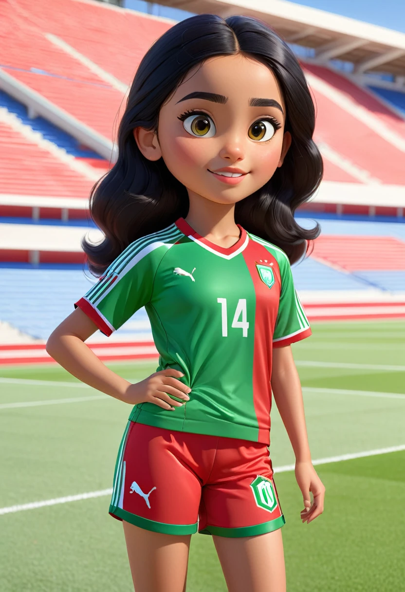 young Moroccan girl, 14 years old, black hair with blue eyes, in a soccer stadium, in red and green Puma sports outfit from Morocco , 3d Pixar style, (Best quality, 4k, 8k, high resolution, masterpiece:1.2), Ultra-detailed, (Realistic, photoRealistic, photo-Realistic:1.37), portraits, Vivid colors, lighting studio