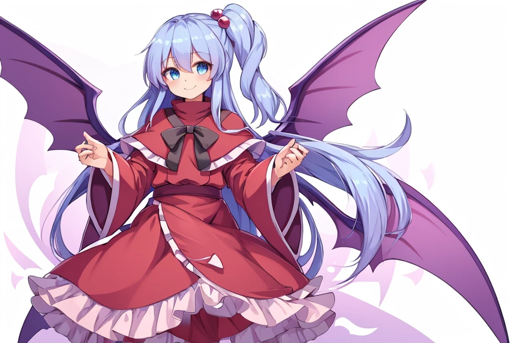 a digital drawing of a fairy looking girl wearing a pink dress with blue hair, masterpiece, best quality, shinki (touhou), 1girl, solo, , one side up, hair ornament, hair bobbles, long hair, side ponytail, blue hair, blue eyes, smile, bangs, red dress, pink sweater, Turtleneck Sweater, long sleeves, capelet, long maxi-skirt, very long skirt, wrap skirt, loafers, wings, multiple wings, purple wings, six purple wings red markings, white hair, long white hair, and wears red robes, Shinki \(touhou\), black bowtie, looking at viewer, white background, simple background